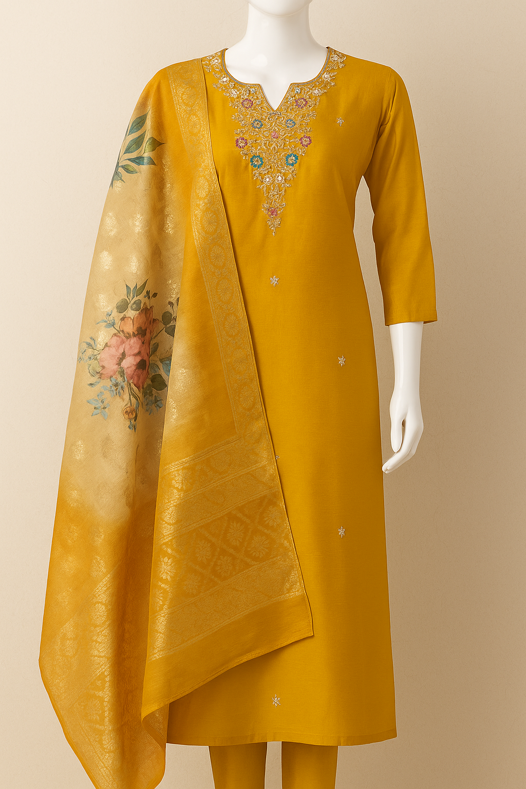 Pure Dolla silk Hand Embroidered Suit with Dupatta
