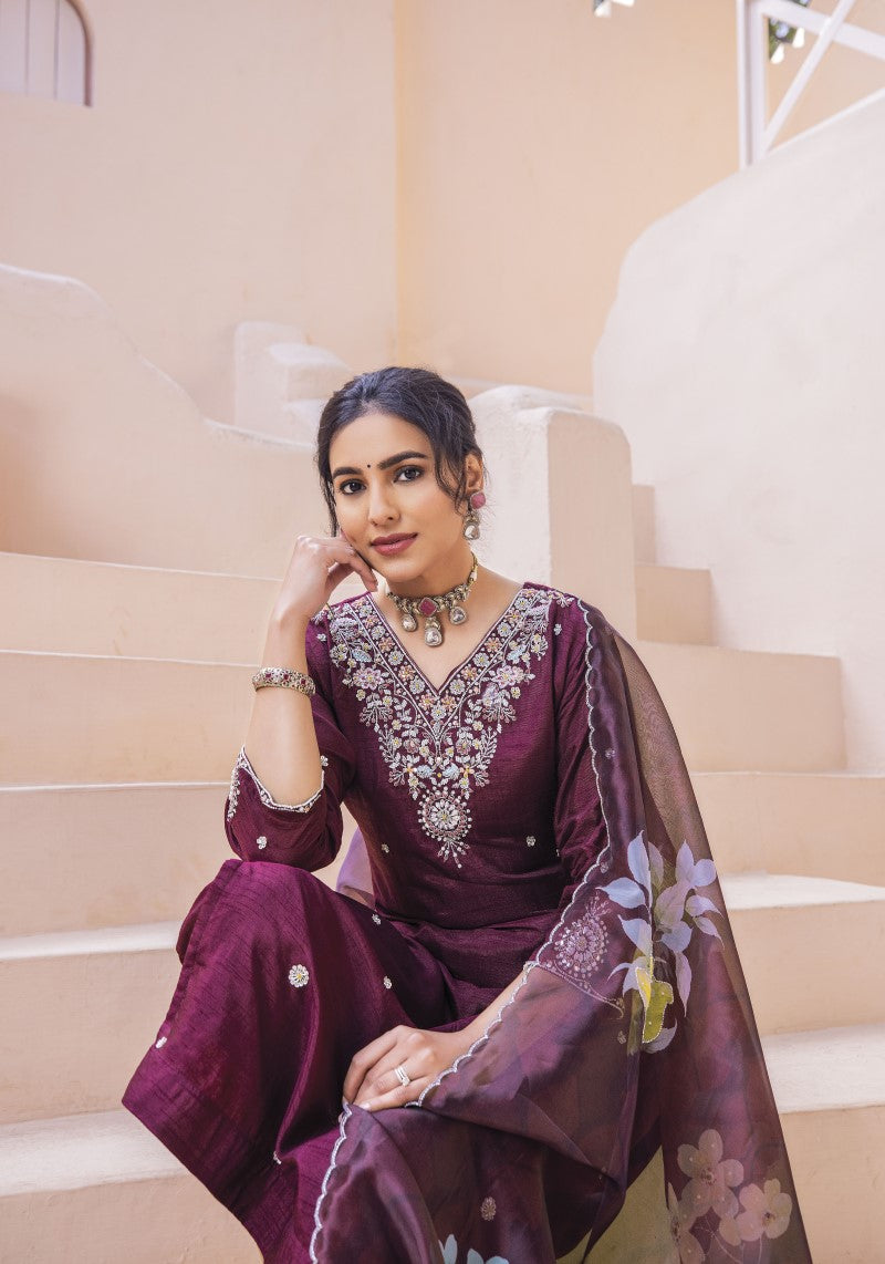 Pure Dolla silk Hand Embroidered Suit with Dupatta