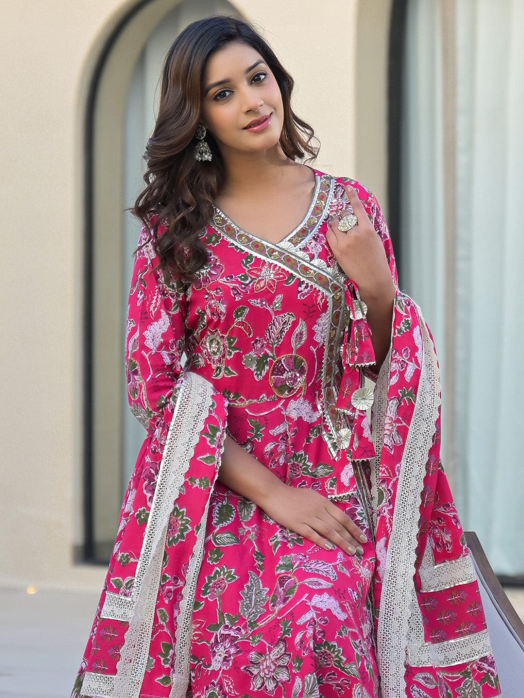 Pure cotton Partywear Anarkali suit with Lace work & floral print