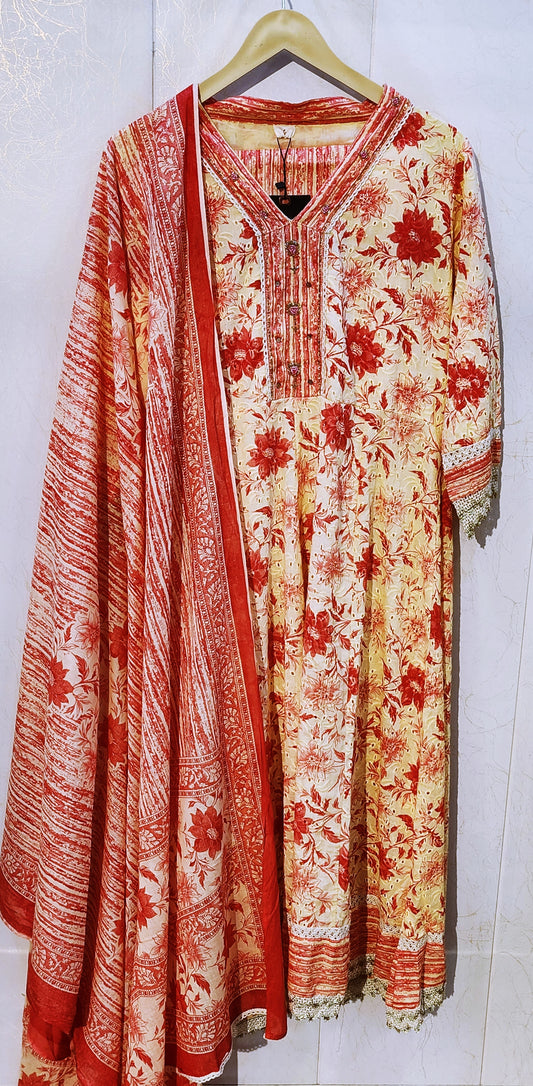 Elegant Floral Printed pure Cotton Suit Set with Dupatta