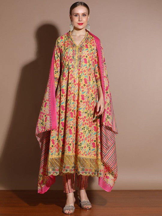 Elegant Floral Printed pure Cotton Suit Set with Dupatta