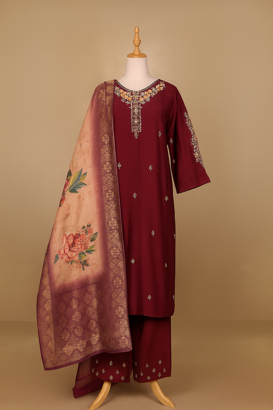 Purer Dolla silk Designer suit with Handwork & floral print