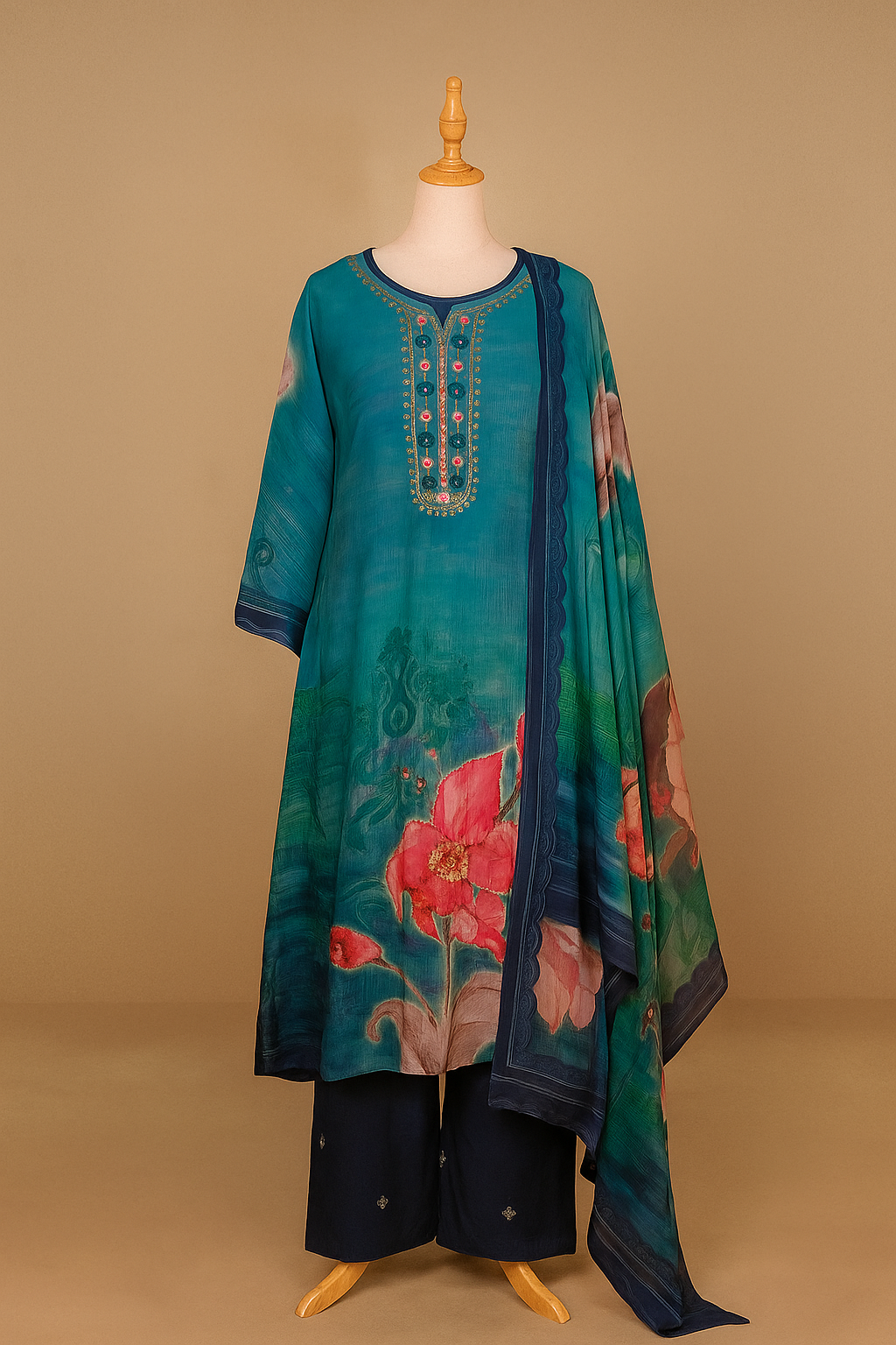 Pure crepe Designer suit with Handwork & floral print