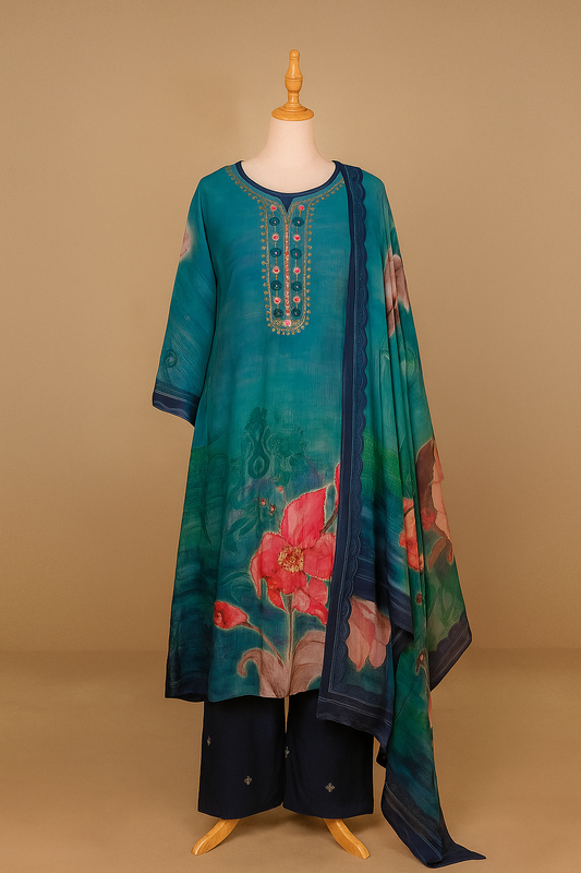 Pure crepe Designer suit with Handwork & floral print