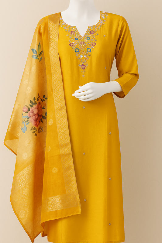 Pure Dolla silk Hand Embroidered Suit with Dupatta