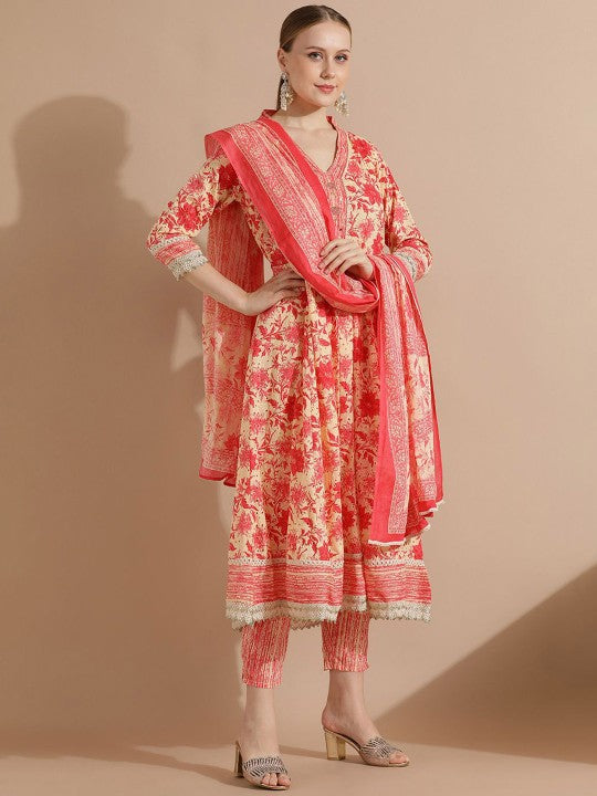 Floral Printed Cotton Suit Set with Dupatta