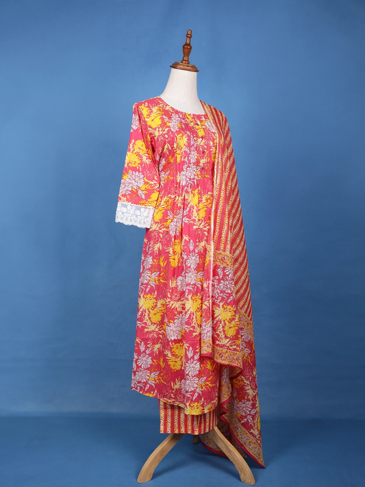 Floral Printed Cotton Suit Set with Dupatta