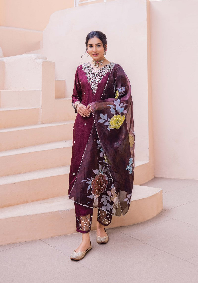 Pure Dolla silk Hand Embroidered Suit with Dupatta