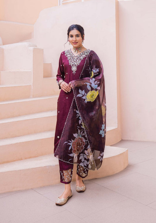 Pure Dolla silk Hand Embroidered Suit with Dupatta