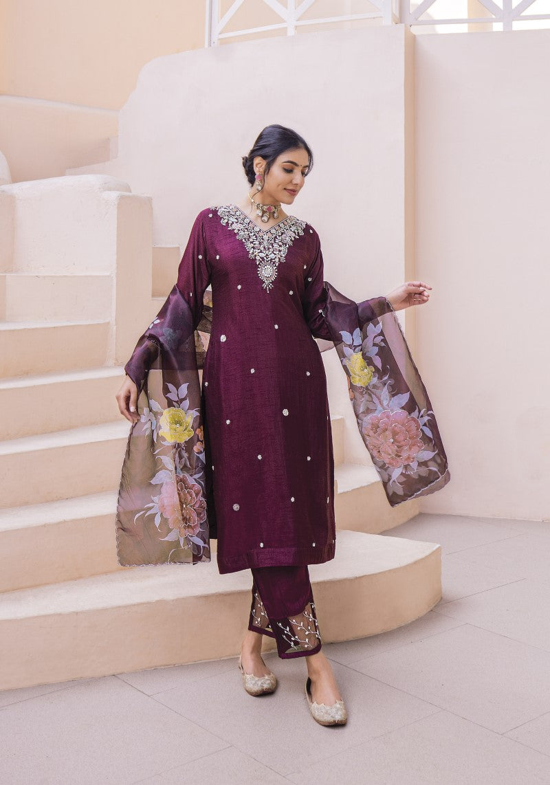 Pure Dolla silk Hand Embroidered Suit with Dupatta