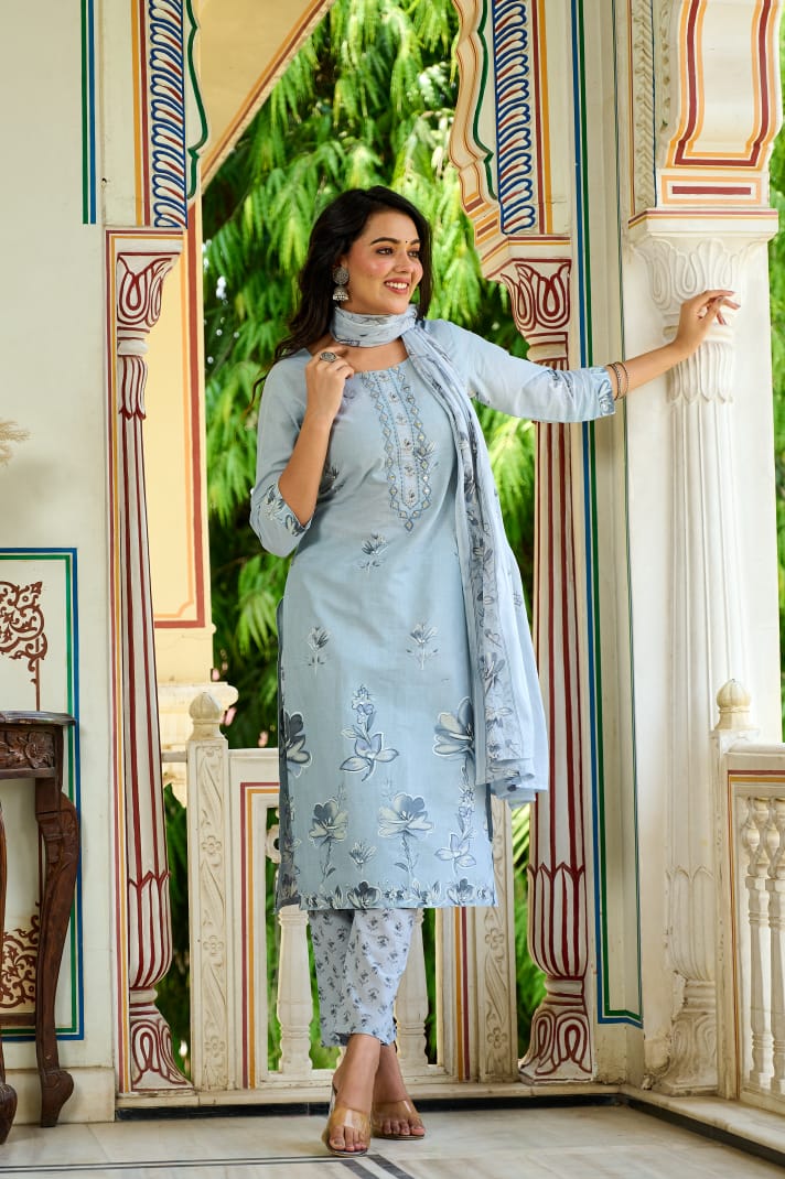 3pc Pure cotton Designer suit with Handwork embroidery & floral print