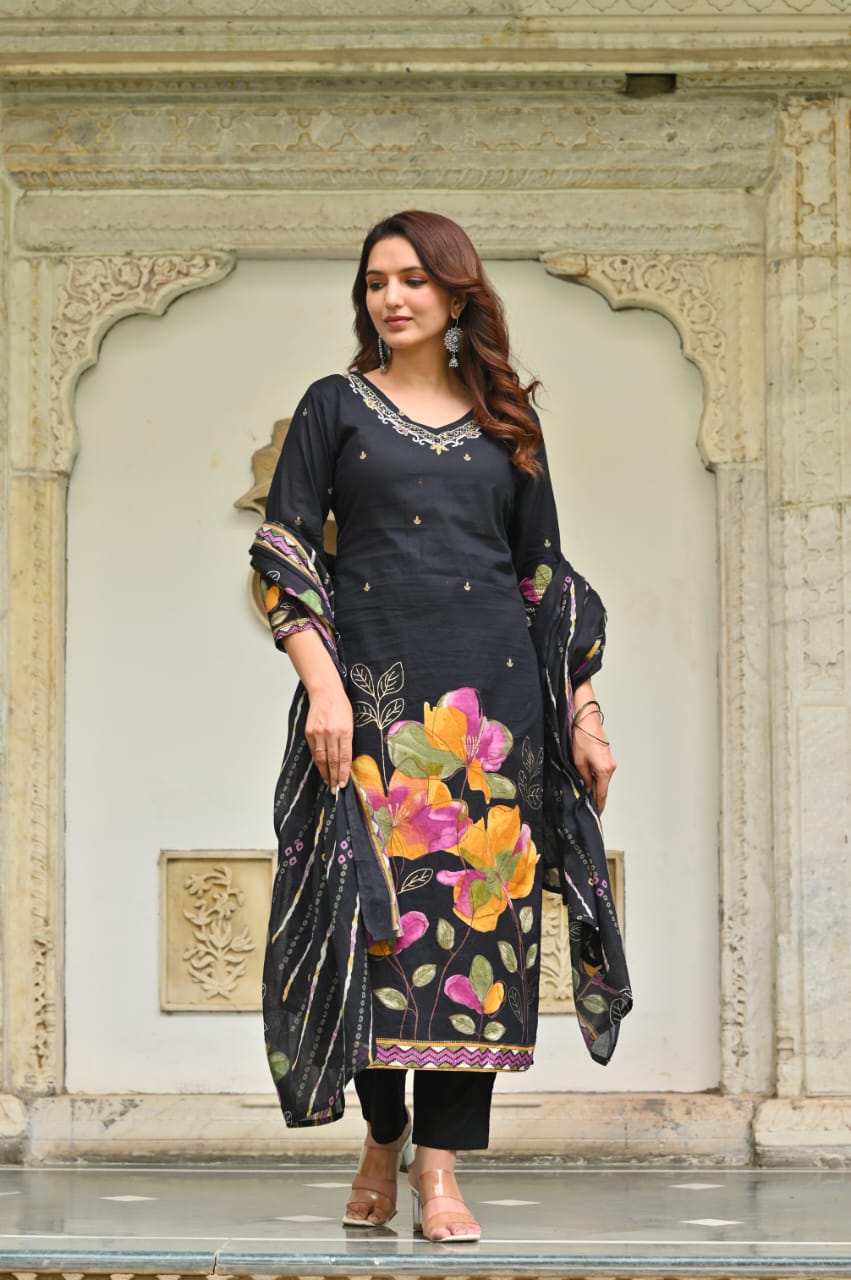 3pc Pure cotton Designer suit with Handwork & floral print