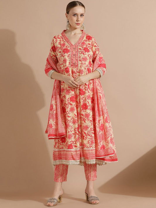 Floral Printed Cotton Suit Set with Dupatta